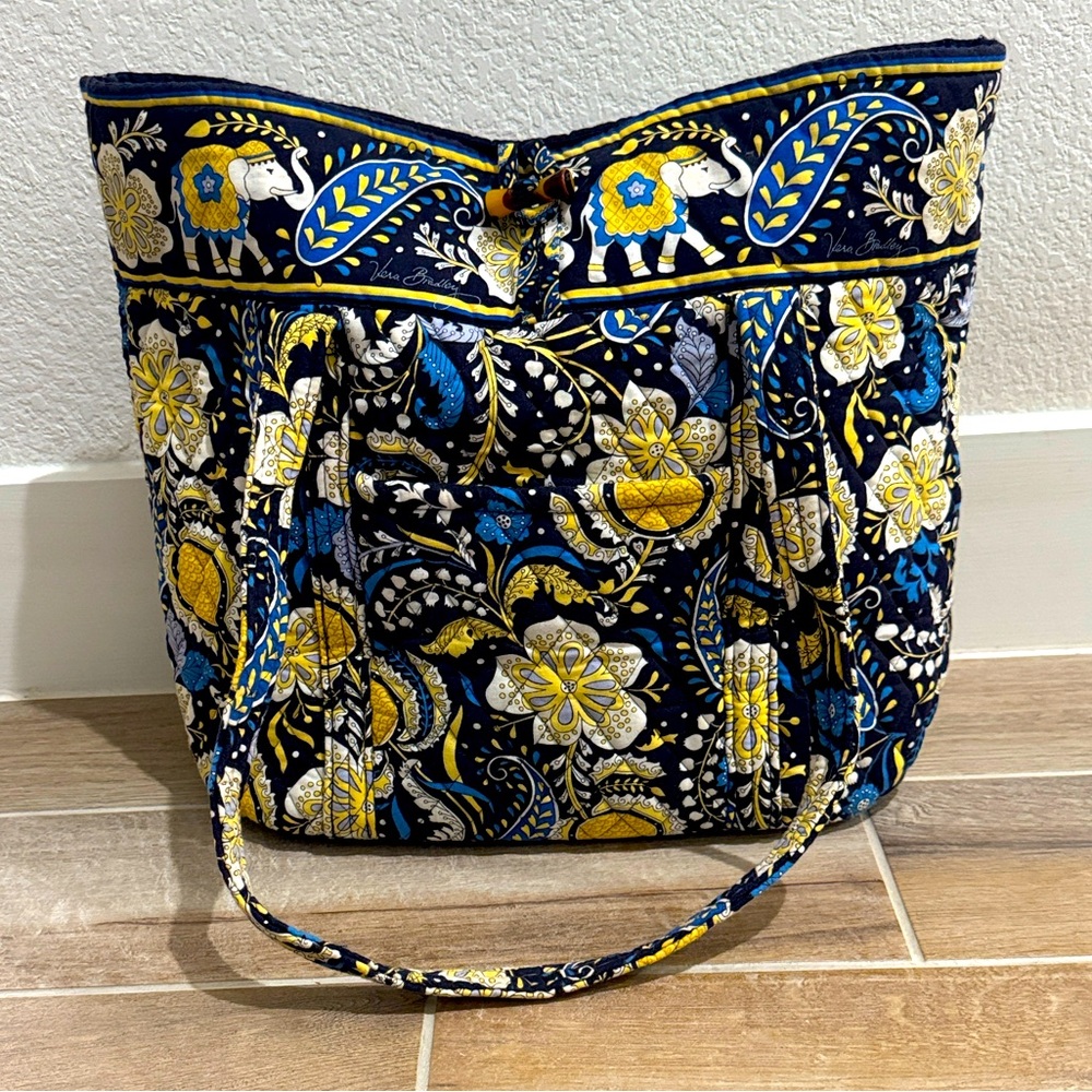 Vera Bradley Blue and Yellow Elephant Paisley Vera Tote Bag